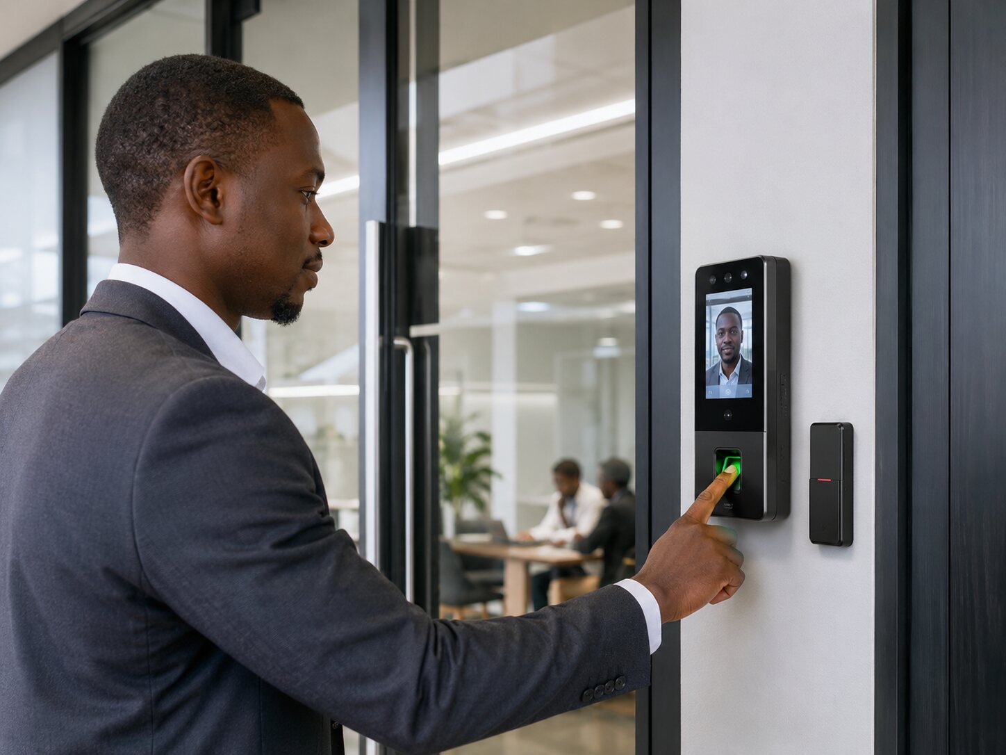 Professional using biometric attendance and access control terminal