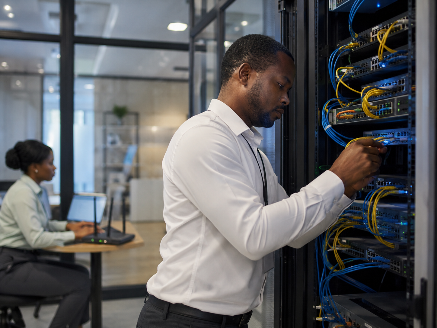 Network technician working in a server room