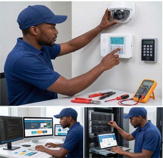 Technician installing security and IT systems